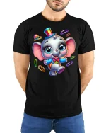 Cute Circus Elephant T-shirt - model with hands behind back, wearing Black T-shirt and blue jeans