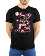 Space Baseball Astronaut T-shirt - model with hands behind back, wearing Black T-shirt and blue jeans