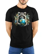 Raccoon Hugging Earth Tee - model with hands behind back, wearing Black T-shirt and blue jeans