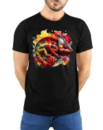 Color Splash Chameleon T-shirt - model with hands behind back, wearing Black T-shirt and blue jeans