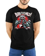 Born to Be Wild Rock Raccoon T-shirt - model with hands behind back, wearing Black T-shirt and blue jeans