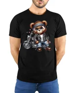 Biker Teddy Bear Motorcycle Tee - model with hands behind back, wearing Black T-shirt and blue jeans