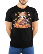 Cute Raccoon Pumpkin T-shirt - model with hands behind back, wearing Black T-shirt and blue jeans