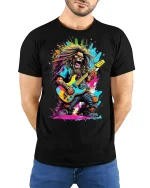 Wild Rock Guitarist Graphic T-shirt - model with hands behind back, wearing Black T-shirt and blue jeans