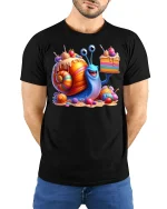 Funny Candy Snail with Cake T-shirt - model with hands behind back, wearing Black T-shirt and blue jeans