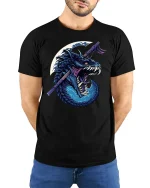 Samurai Dragon Graphic T-shirt - model with hands behind back, wearing Black T-shirt and blue jeans
