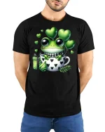Cute Frog in Love Cup T-shirt - model with hands behind back, wearing Black T-shirt and blue jeans