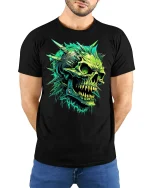 Neon Spiked Skull Graphic Tee - model with hands behind back, wearing Black T-shirt and blue jeans