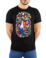 Hip Hop DJ Graffiti Style Tee - model with hands behind back, wearing Black T-shirt and blue jeans