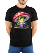 Cute Frog Reading Book T-shirt - model with hands behind back, wearing Black T-shirt and blue jeans