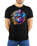 Cool Jazz Elephant Saxophone T-shirt - model with hands behind back, wearing Black T-shirt and blue jeans
