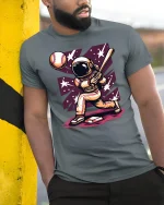 Space Baseball Astronaut T-shirt - model leaning on yellow-black pole, wearing Gray T-shirt, hand in pocket
