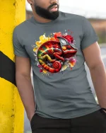 Color Splash Chameleon T-shirt - model leaning on yellow-black pole, wearing Gray T-shirt, hand in pocket