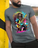 Wild Rock Guitarist Graphic T-shirt - model leaning on yellow-black pole, wearing Gray T-shirt, hand in pocket