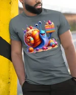 Funny Candy Snail with Cake T-shirt - model leaning on yellow-black pole, wearing Gray T-shirt, hand in pocket