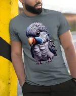 Cute Parrot Bird Tee - model leaning on yellow-black pole, wearing Gray T-shirt, hand in pocket
