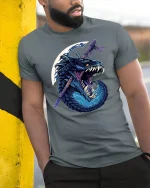 Samurai Dragon Graphic T-shirt - model leaning on yellow-black pole, wearing Gray T-shirt, hand in pocket