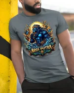 Mythical Lion Warrior Sun Fire T-shirt - model leaning on yellow-black pole, wearing Gray T-shirt, hand in pocket