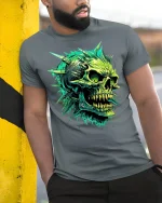 Neon Spiked Skull Graphic Tee - model leaning on yellow-black pole, wearing Gray T-shirt, hand in pocket