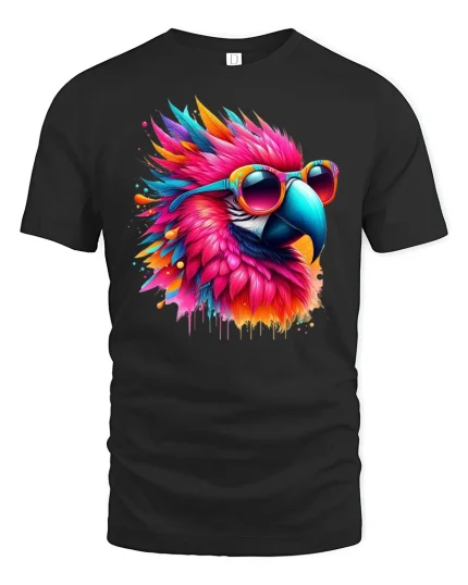 Colorful Parrot Sunglasses Graphic Tee - black t-shirt on white background