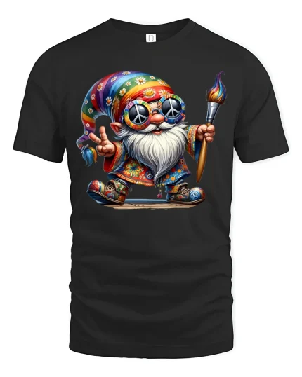 Hippie Gnome Peace Painter T-shirt - black t-shirt on white background