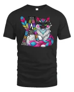 Boho Cat with Feathers Artistic T-shirt - black t-shirt on white background