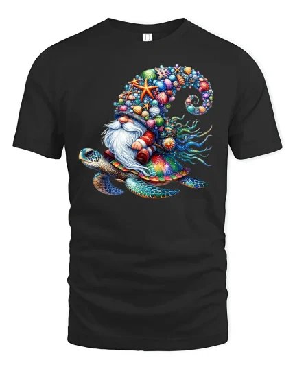 Ocean Gnome Riding Sea Turtle Tee - black t-shirt on white background