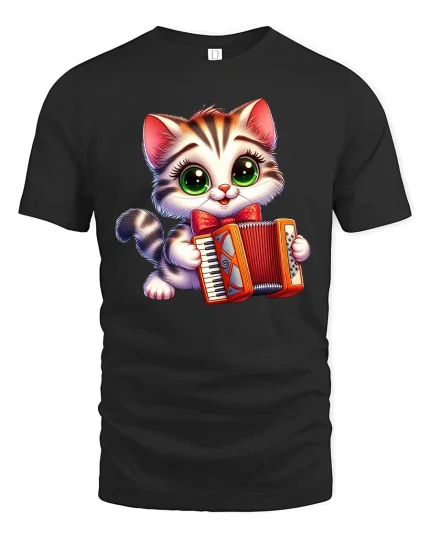Cute Accordion Cat Music Lover Tee - black t-shirt on white background