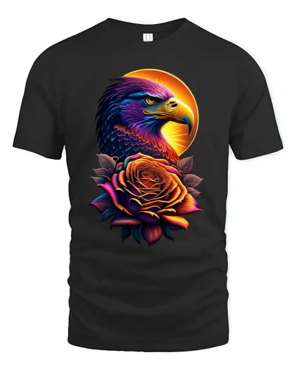 Majestic Eagle and Rose Sunset T-shirt - black t-shirt on white background