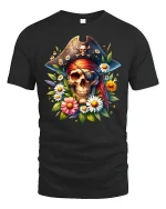 Pirate Skull and Flowers T-shirt - black t-shirt on white background