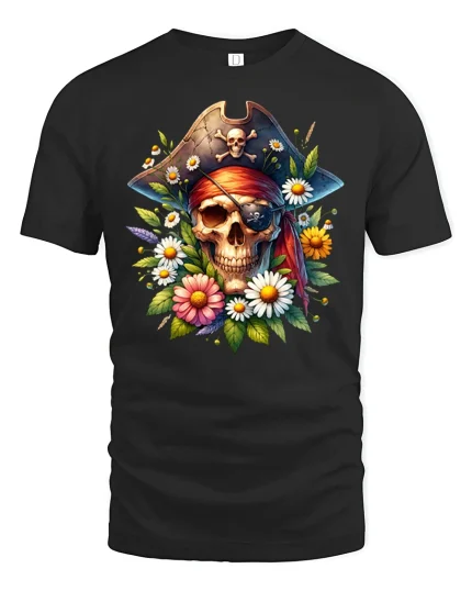 Pirate Skull and Flowers T-shirt - black t-shirt on white background