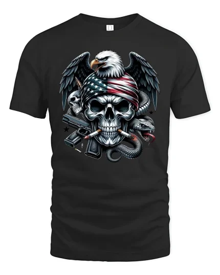 American Eagle Skull Biker T-shirt - black t-shirt on white background