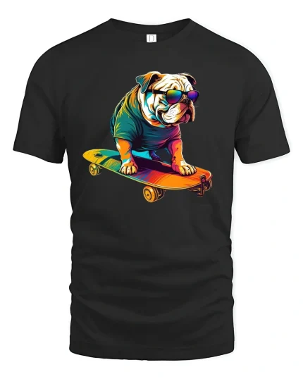 Skateboarding Bulldog Cool T-shirt - black t-shirt on white background