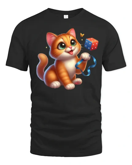 Cute Orange Kitten Playful Tee - black t-shirt on white background