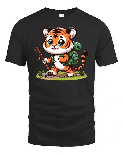 Cute Hiking Tiger Tee - black t-shirt on white background