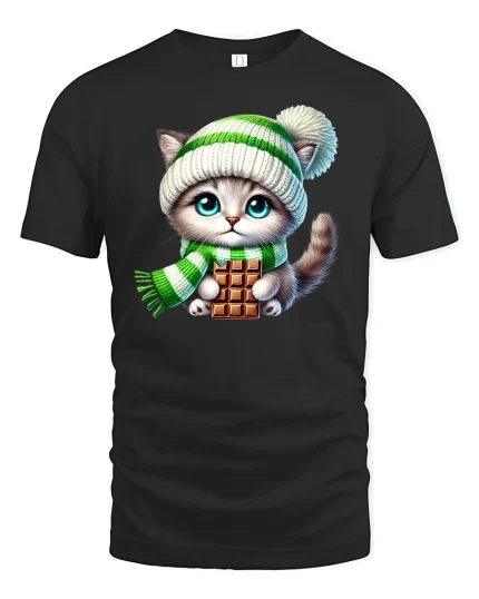 Cute Winter Kitten Chocolate Lover Tee - black t-shirt on white background