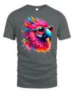 Colorful Parrot Sunglasses Graphic Tee - gray t-shirt on white background