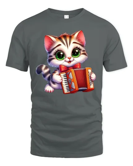 Cute Accordion Cat Music Lover Tee - gray t-shirt on white background