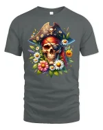 Pirate Skull and Flowers T-shirt - gray t-shirt on white background
