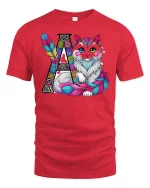 Boho Cat with Feathers Artistic T-shirt - red t-shirt on white background
