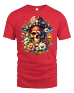 Pirate Skull and Flowers T-shirt - red t-shirt on white background