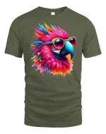Colorful Parrot Sunglasses Graphic Tee - military green t-shirt on white background