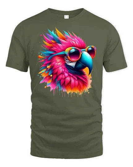 Colorful Parrot Sunglasses Graphic Tee - military green t-shirt on white background