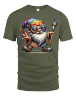 Hippie Gnome Peace Painter T-shirt - military green t-shirt on white background