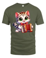 Cute Accordion Cat Music Lover Tee - military green t-shirt on white background