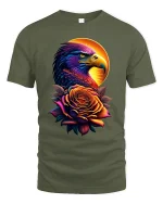 Majestic Eagle and Rose Sunset T-shirt - military green t-shirt on white background