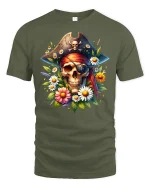 Pirate Skull and Flowers T-shirt - military green t-shirt on white background