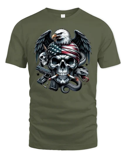 American Eagle Skull Biker T-shirt - military green t-shirt on white background
