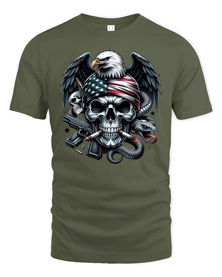 American Eagle Skull Biker T-shirt - 1 American Eagle Skull Biker T-shirt - military green t-shirt on white background