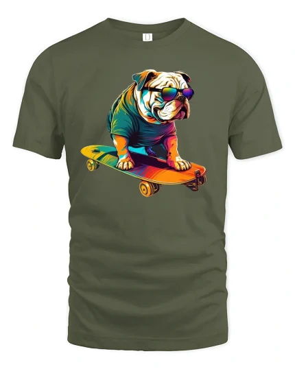 Skateboarding Bulldog Cool T-shirt - military green t-shirt on white background